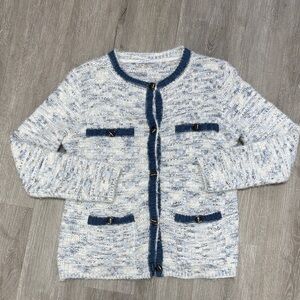 Sioni Blue White Tweed Cardigan Jacket Women M Button Front Textured Preppy